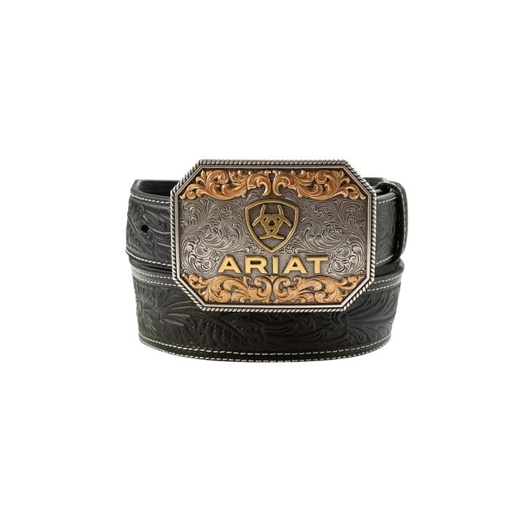 Men's Ariat Belt — Embossed Floral Black Logo Buckle